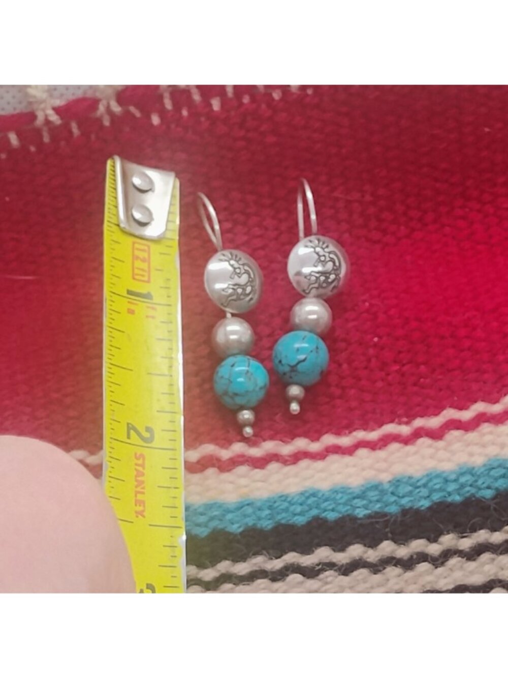 Sterling Silver Kokopelli Medallion Dangle Earrings w/Turquoise & Silver Beads - Picture 5 of 6